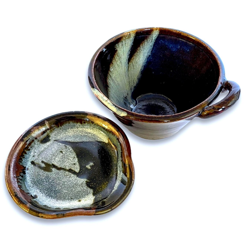 Lot of 2 Bowl with Spoon Rest or Underplate Studio Pottery Brown Grey Signed