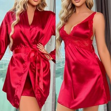 Womens Satin Sleepwear Pajamas Set Silk Lounge 2pcs Lingerie Nightgown with Robe