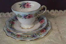 EB FOLEY CORNFLOWER BLUE TEA CUP, SAUCER AND BREAD/DESSERT PLATE TRIO