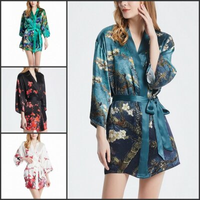 Damen mini-Kleid kurz Seiden-Mantel Seide Kimono Morgenmantel Jacke Yukata Robe