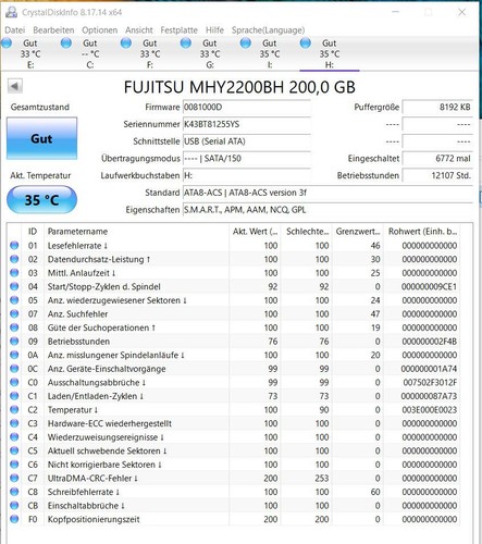 200 GB SATA Fujitsu MHZ2320BH 5400 RPM 8MB 2,5"