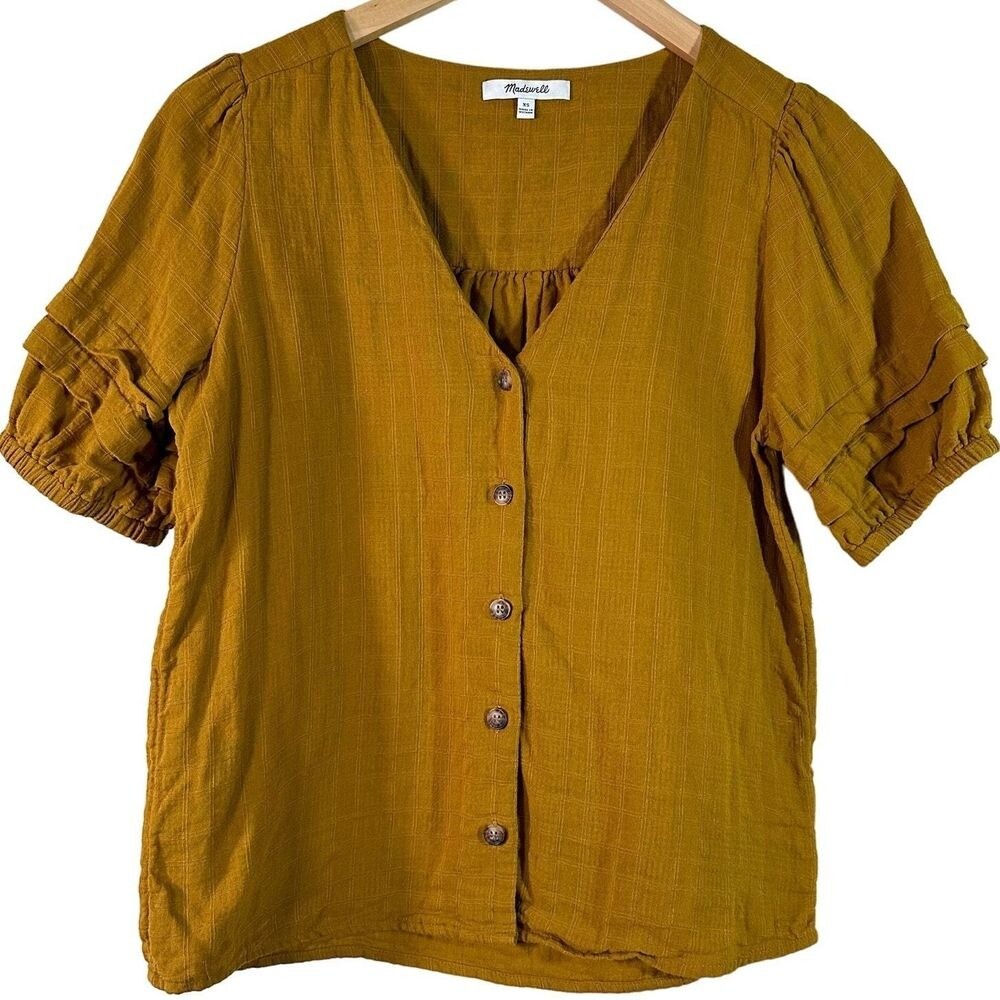 Madewell Women's Bronze Boho Button Down Top with Ruffle Sleeves Size XS