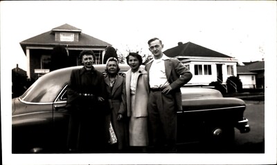 VTG Snapshot Photo Man and Three Woman With Their Car Behind Them