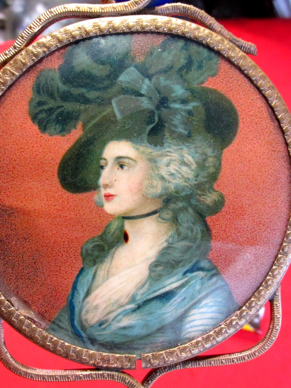 VICTORIAN ERA 1800S LADIES HAND MIRROR DESK PAINTED PORTRAIT BEVELED GLASS RARE
