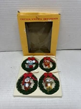 SET (4) Christmas Critter Wreath Ornaments Hand Painted Vintage Holiday