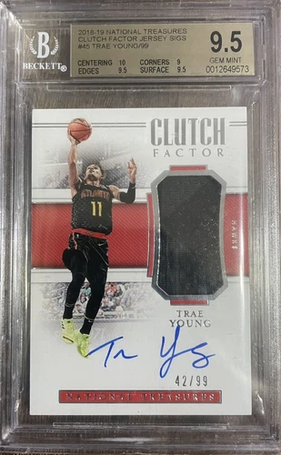 2018-19 NATIONAL TREASURES TRAE YOUNG AUTO PATCH RPA RC SP /99 BGS 9.5 GEM MINT