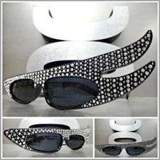 Unique Funky RETRO Style SUNGLASSES Black Frame Clear Bling Crystals Rhinestones