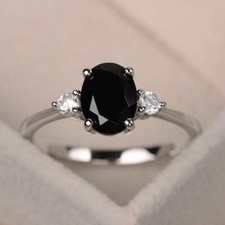 Three Stone Engagement Ring 2.20Ct Oval Black Diamond 14k White Gold Over UK J-T