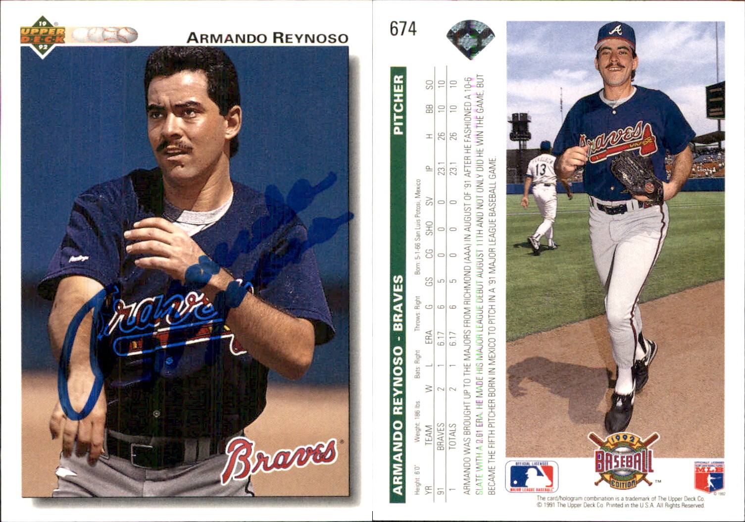 Armando Reynoso Signed 1992 Upper Deck #674 Card Atlanta Braves FREE SHIP Auto
