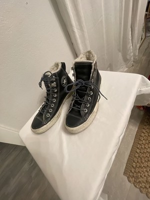 Converse All Star Black Leather High Top, Fuzzy Liner, mens 7 women s 9 EUC