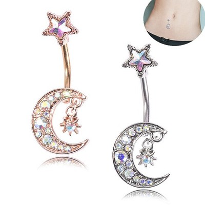 Navel Belly Button Rings Bar Crystal Moon Star Dangle Body Piercing JewelryH_OY