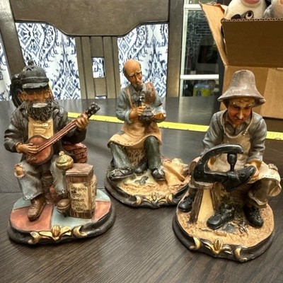 Vintage Style Resin Figurines Set 3 Cobbler Banjo Player Woodworker Folk Art