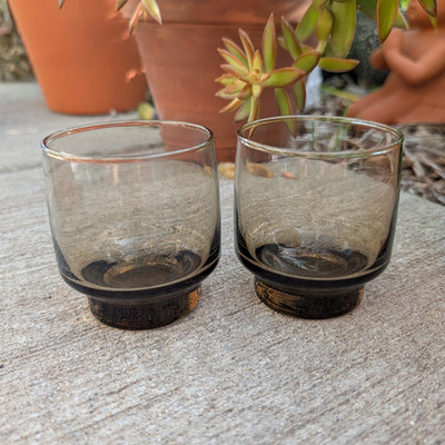 Pair Vintage Cera Glass Smoky Tawny Rocks Glasses Indented Base MCM Barware