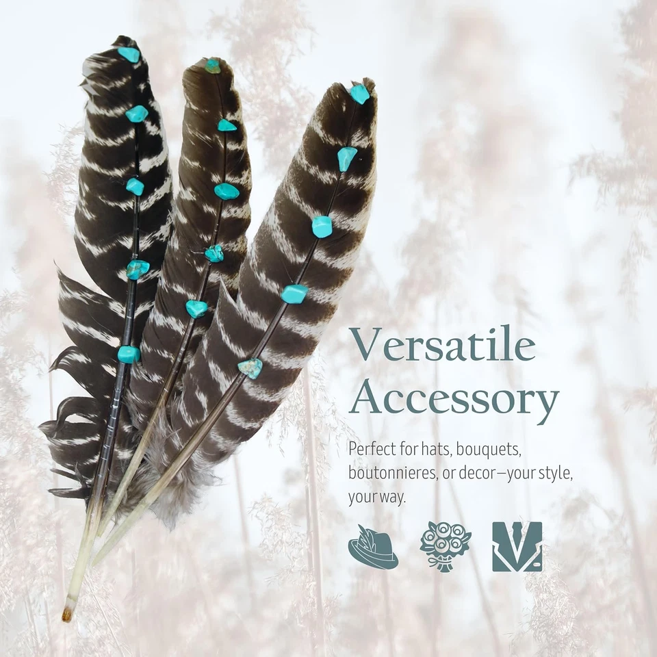 Pluma de pavo tachonada turquesa hecha a mano - Pluma barrada natural para manualidades, H Foto 4 de 4