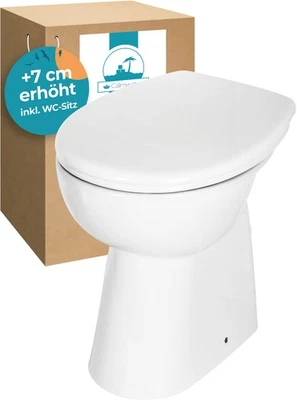 CALMWATERS Stand-WC Erhöht +7cm Weiß Spülrandlos Set WC-Sitz Absenkautomatik Abnehmbar