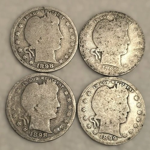 Lot 4 90% Siver Barber Quarters 1898x3 1899x1 US cions