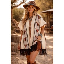 Vintage 70s Knit Bird Poncho Nuthatch Cream Bird Fringe Western Boho