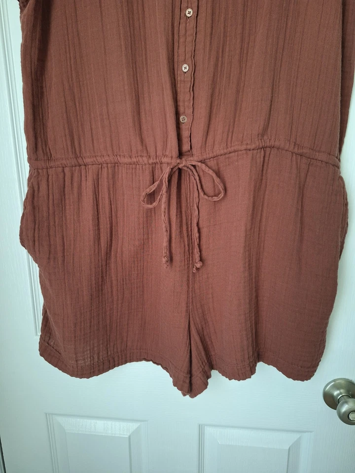 Mono mameluco antiguo azul marino para mujer talla XXL cintura definida pantalones cortos arrugados gasa marrón Foto 4 de 4