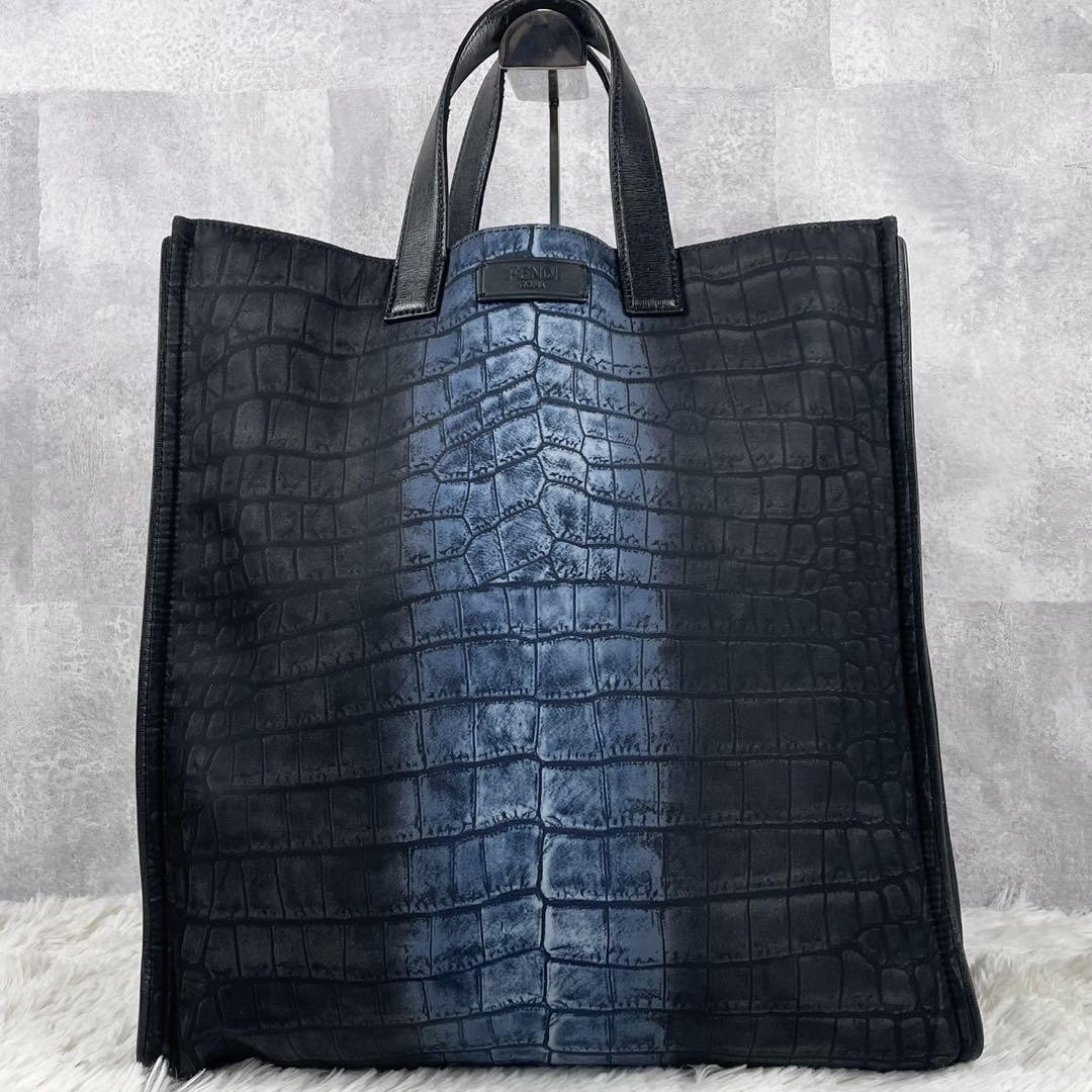 Fendi Black Nylon Tote Bag with Crocodile Embossed Logo A4 Size
