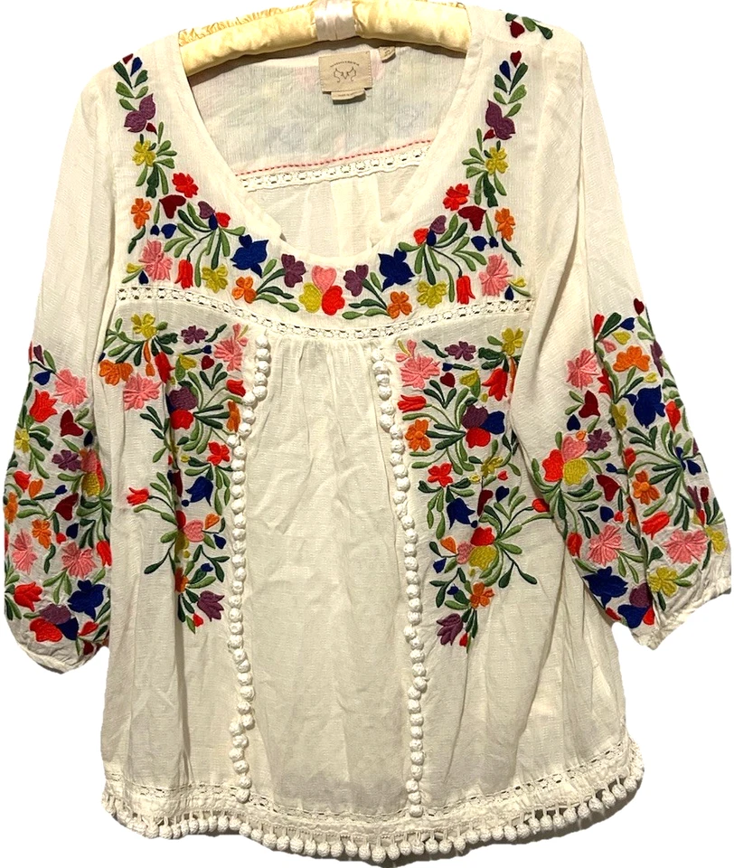 Vanessa Virginia Top 8 Cute Anthropologie Ivory Floral Embroidered Pom Pom Shirt - Image 2 of 4