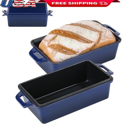 Durable Cast Iron Bread Loaf Pan Set Enameled Bakeware Sourdough Baking Navy 