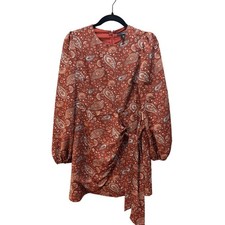 NWT Aqua Red/Rust Paisley Side Tie Wrap Dress Size Small Boho Chic Office