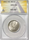 1892 USA BARBER QUARTER ANACS MS62 Blast white collector coin nice !