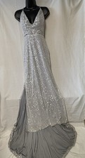 Silver Sequin Formal Evening Gown Sleeveless V-Neck Long Dress with Train