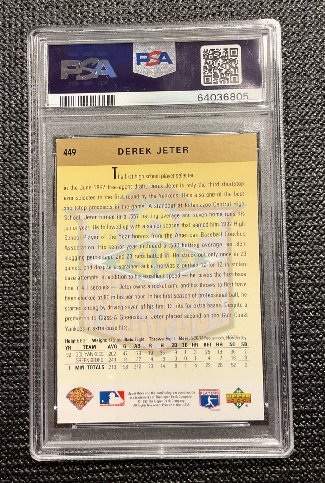 1993 Upper Deck DEREK JETER 449 PSA 8 NM-MT RC Rookie view 2