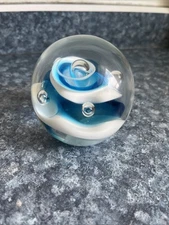 Controlled Bubble White And Blue SWIRL GLASS PAPERWEIGHT