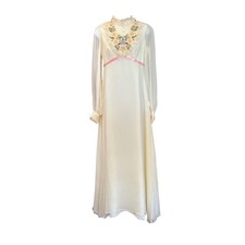 Vintage 70s Embroidered Prairie Maxi Dress Sheer Sleeve ILGWU Romantic Lace