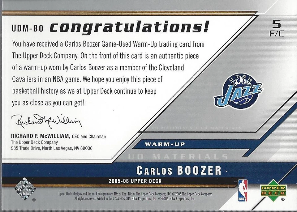 2005-06 Upper Deck UD Materials #BO Carlos Boozer Jersey - BSK - Image 2 of 2