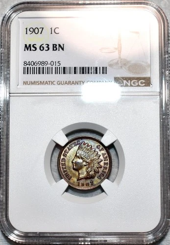 NGC MS-63 BN 1907 Indian Head Cent, Attractively Toned specimen.