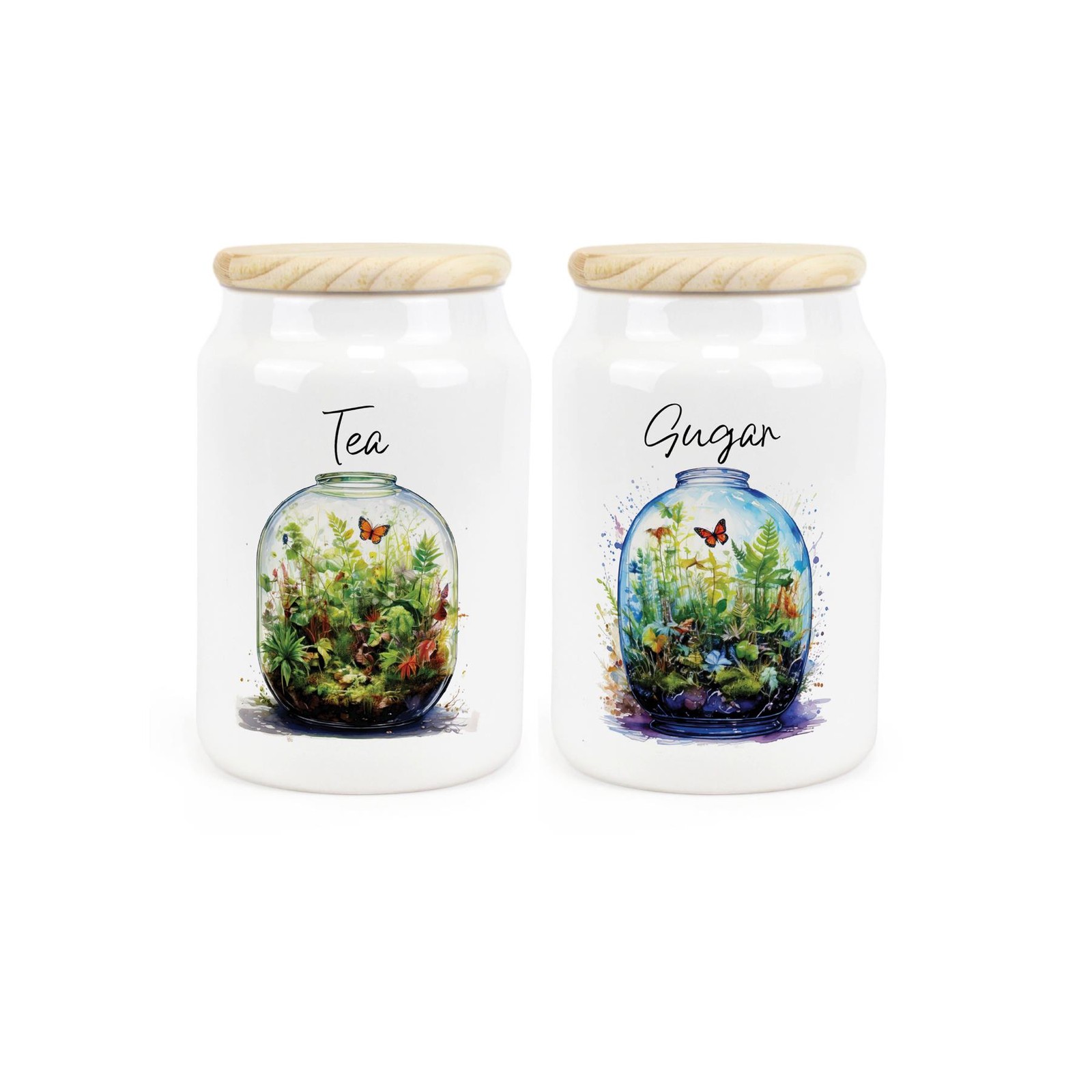 Plant Terrarium Tea & Sugar Canister Set - Ceramic Kitchen Storage Gift