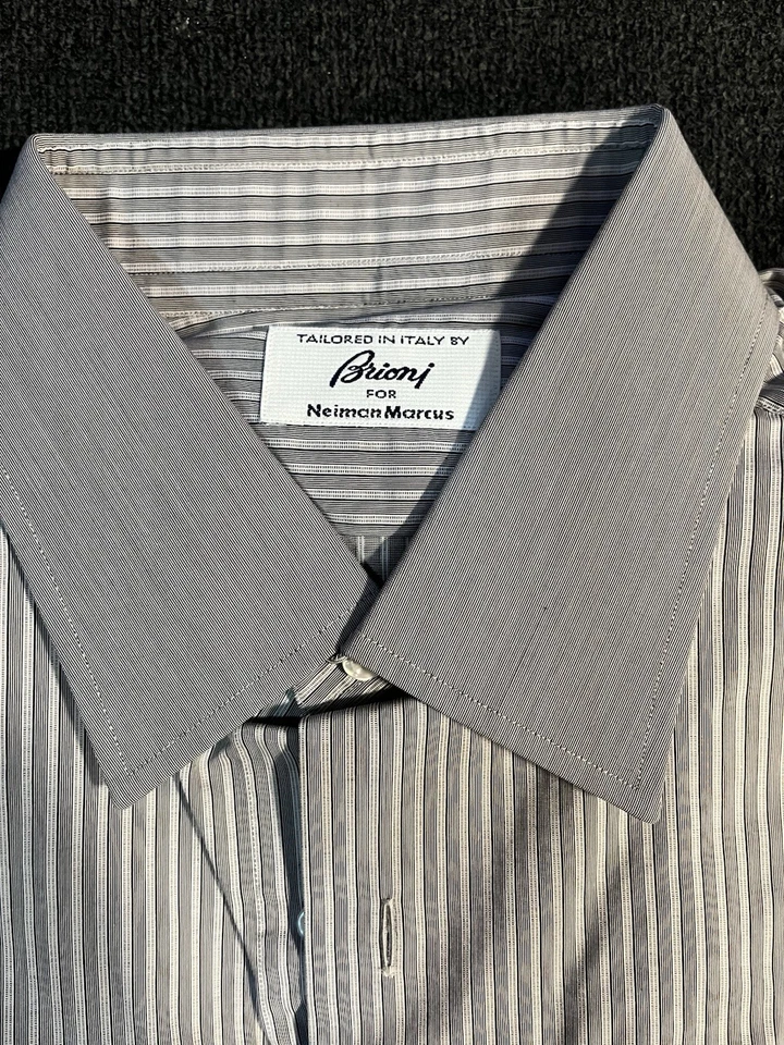 Brioni For Neiman Marcus Men’s Short Size large 16 1/2. Gray Stripes French cuff - Image 2 of 4