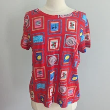 Women's LOFT Cans Tomato Olives Lemon Red Crewneck Blouse Medium