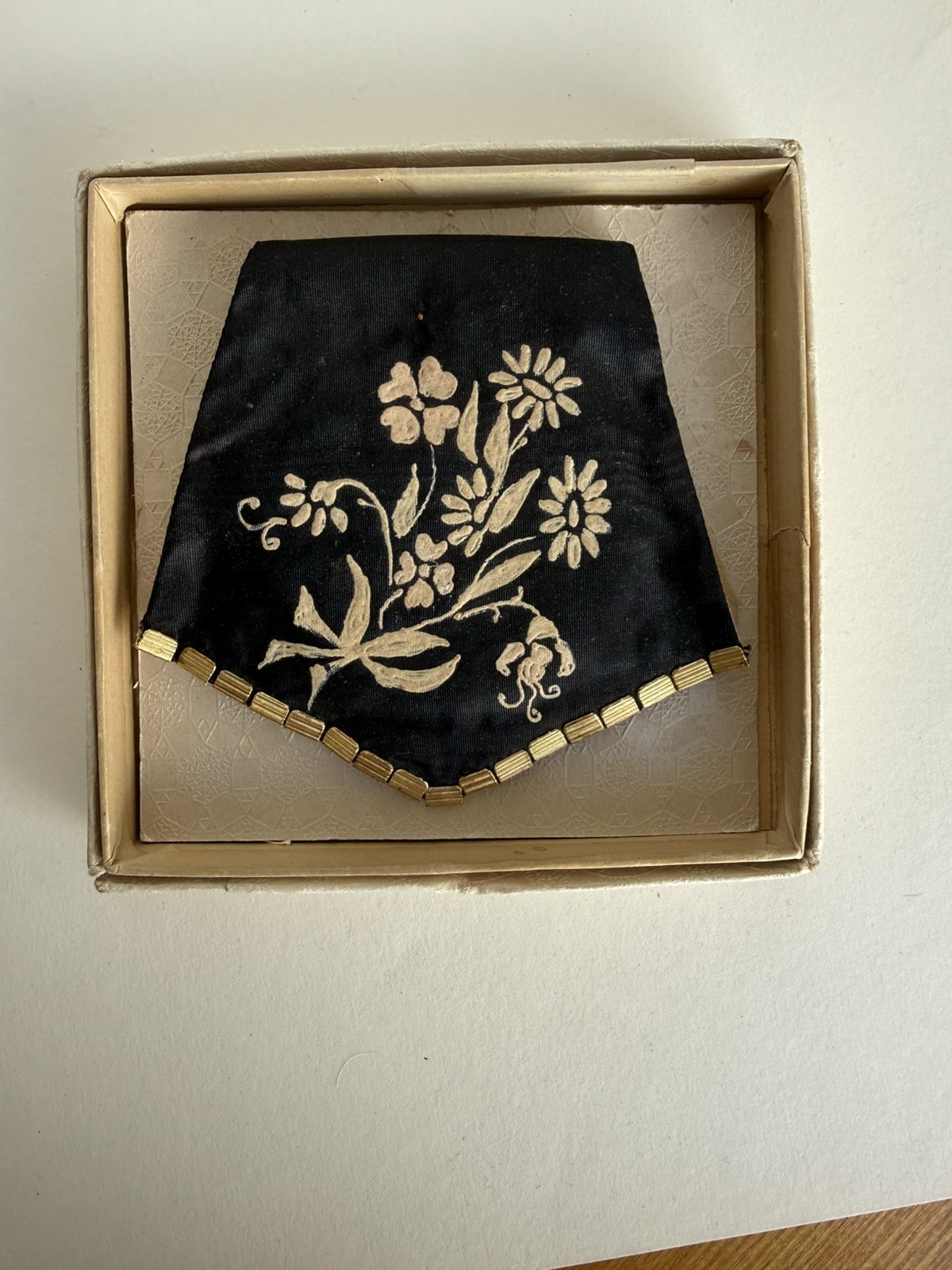 VTG Fabric embroidered Floral Black MIRROR COMPACT original packaging 