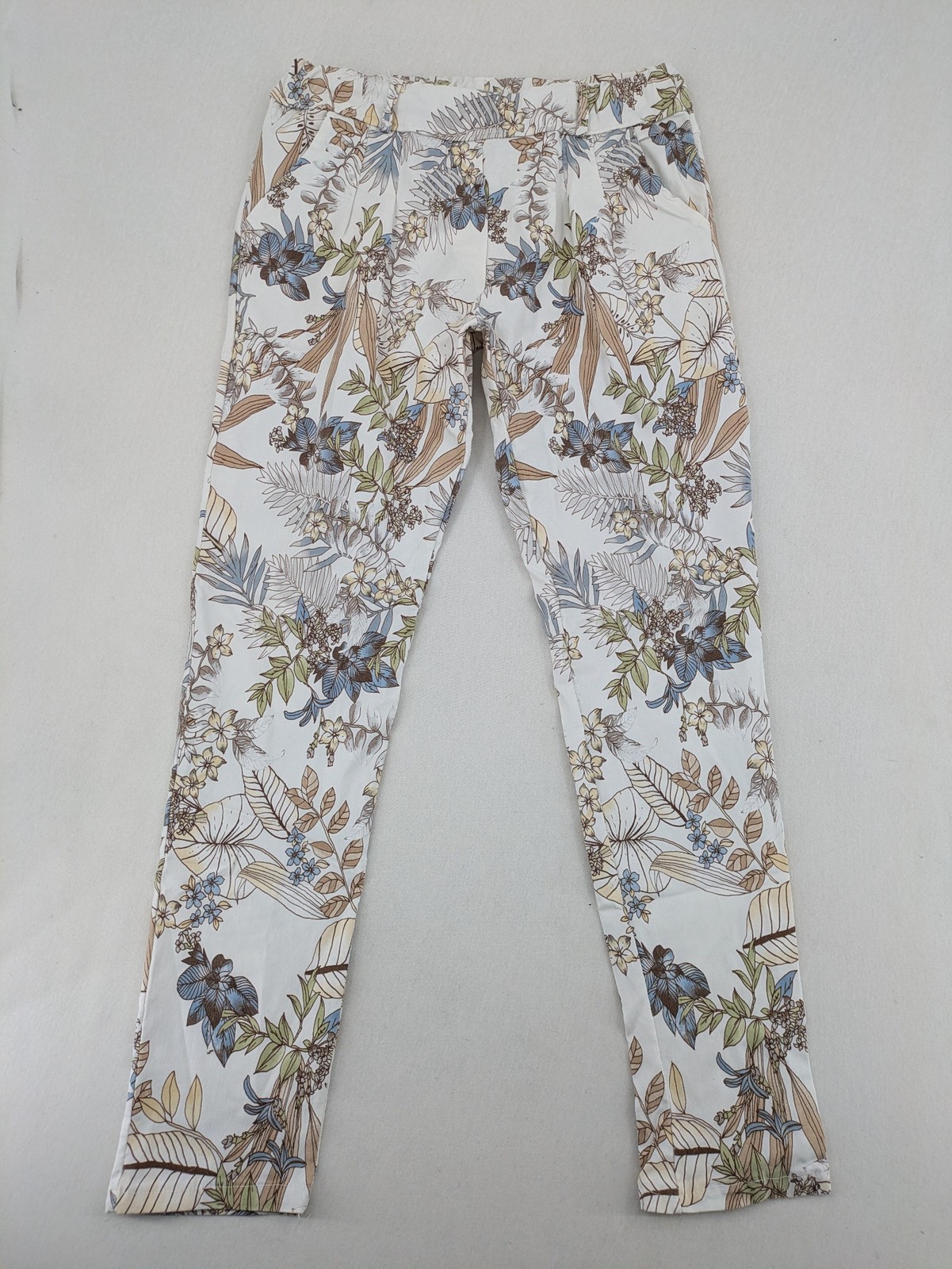 Made in Italy Damen Hose Stoffhose Blumenmuster Tropical Viskose Weiß