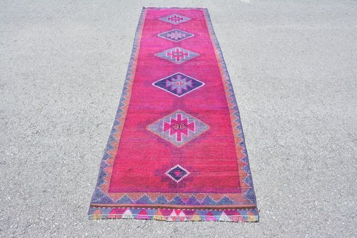 Turkish Vintage Rug, 3x10,6 ft Runner Rug, Red Herki Oriental Rug