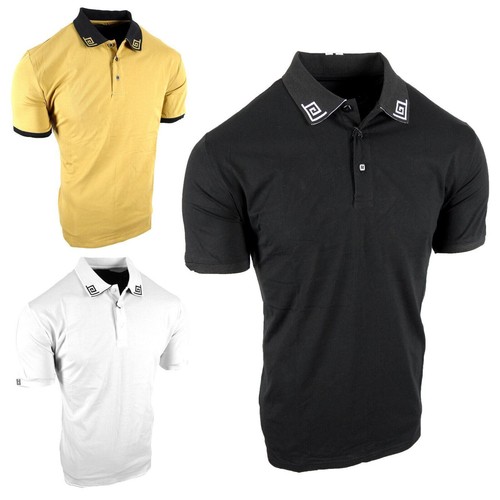 Mens Polo Shirt Italian Stripe Collar Highlights Slim Fit Stretch Golf 3 Button - Picture 1 of 11
