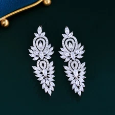 Women Statement Silver Plated Leaf Cubic Zirconia Long Chandelier Drop Earrings