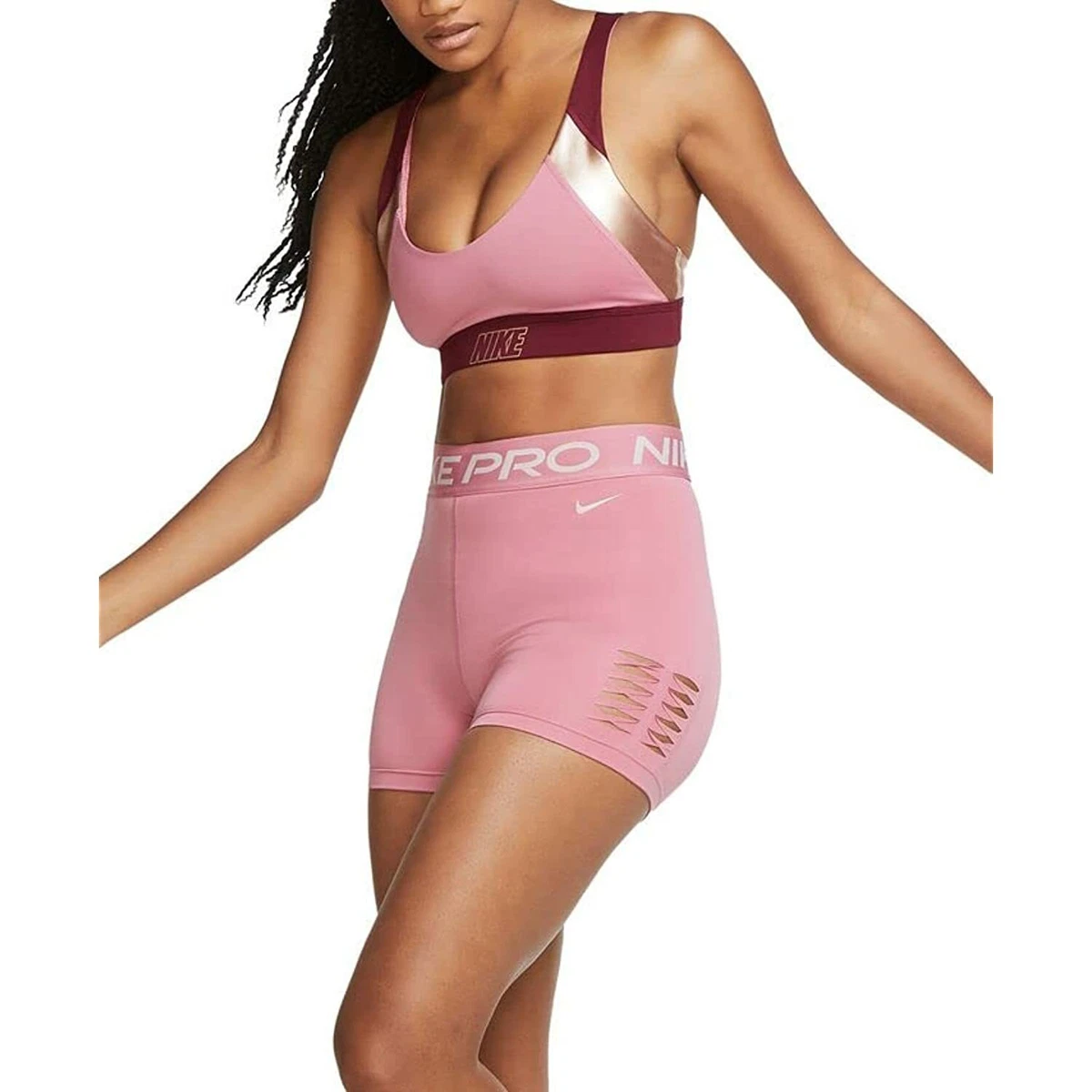 Nike 275903 Women s Indy Metallic Low Impact Sports Bra XS Pink gold Fig