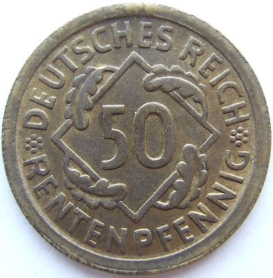 Coin Weimar Republic 50 Rentenpfennig 1923 D In Uncirculated