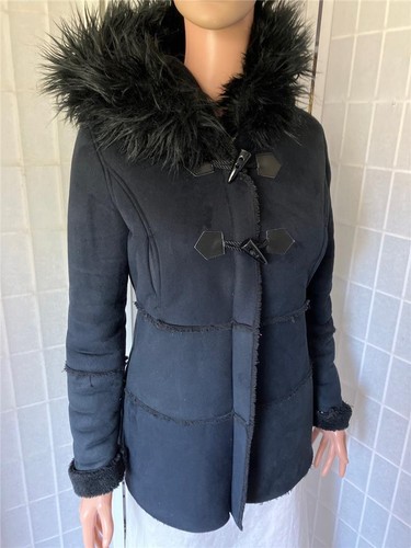 Girls/Womens Steve Madden 14/16 Large Deep Black Faux Fur/Suede Cocoon Coat - Picture 7 of 11