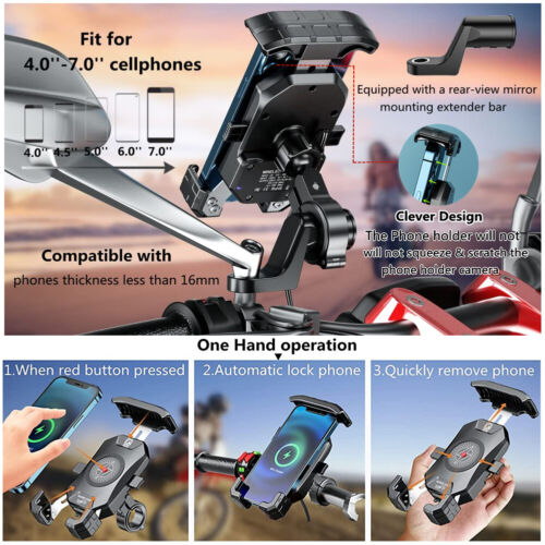 15W Wireless Qi Motorrad Lenker Handy Halter Halterung USB Ladegerät Universal - Bild 16 von 16
