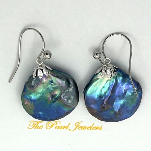 14k White Gold Fishhook Baroque Coin Pearl Dangle Earrings - Picture 2 of 6