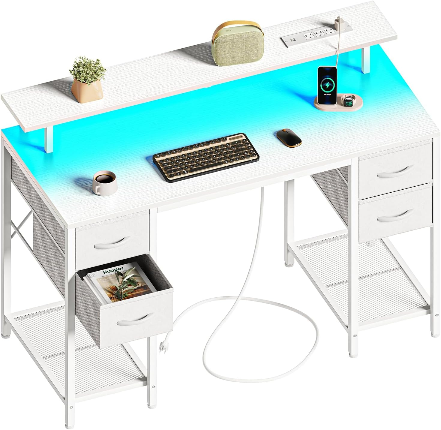 47 inch Computer Desk with 4 Drawers, Gaming Desk with LED Lights & Power Outlet