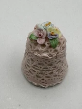 Irish Dresden Lace On China Porcelain Thimble Pink Multicolored Rosebuds