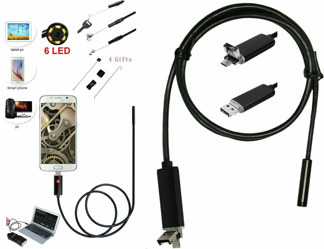 x Telecamera Endoscopica 6 Led Tubo Flessibile Usb 5 Mt Impermeabile Ispezione