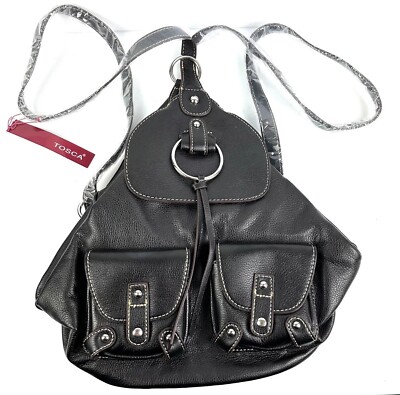 Tosca Backpack Black Vegan Leather Handbag Minimalist Rucksack Day Travel New
